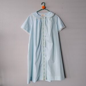 Vintage Miss Elaine Blue House Dress with Embroidered Detail